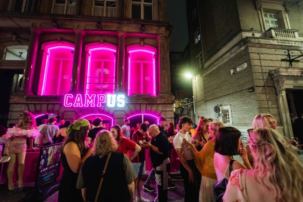 Crowd outside the Campus Liverpool entrance